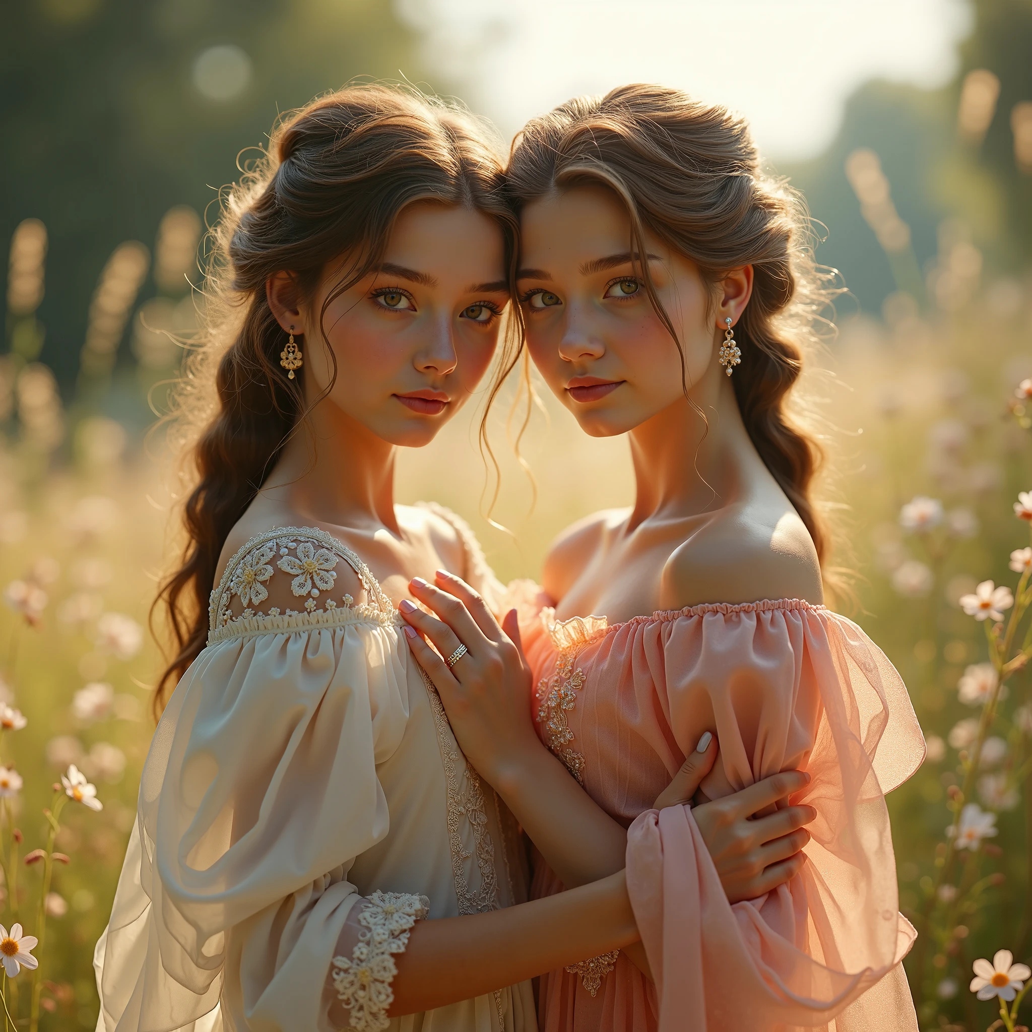Realistic photo, two girls in beautiful dresses,  finger ring 
