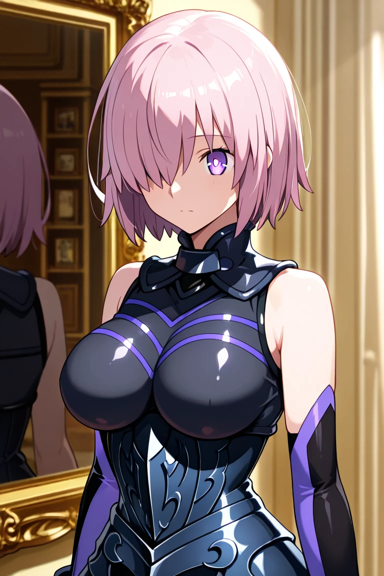 mash_kyrielight(fate_grandorder), 1girl, masterpiece、top-quality、Black Leotard、Purple eyes、Pure、{downy}、ssmile、A 、{seminude}、crotch、小柄、oasis、