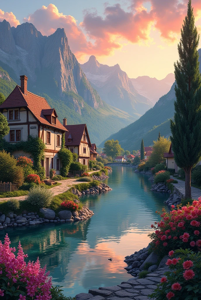 A small village by the river, mountains in the background, colorful flowers, detailed landscape style, beautiful natural scenery, atmospheric lighting,  scorching sunset ,  warm colors, practical, photographic, detailed foliage, complex buildings , cobblestone street, charming country house, vibrant colors, lush vegetation, reflections in the water, pitoresco, idyllic, work of art, Best Quality, 8k, extremely detailed, anime style