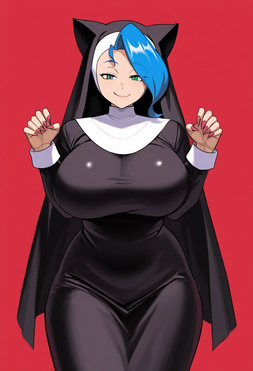 score_9, score_7_up 1girl, solo, xenovia quarta, nun, bodysuit, cross necklace, streaked hair, blue hair