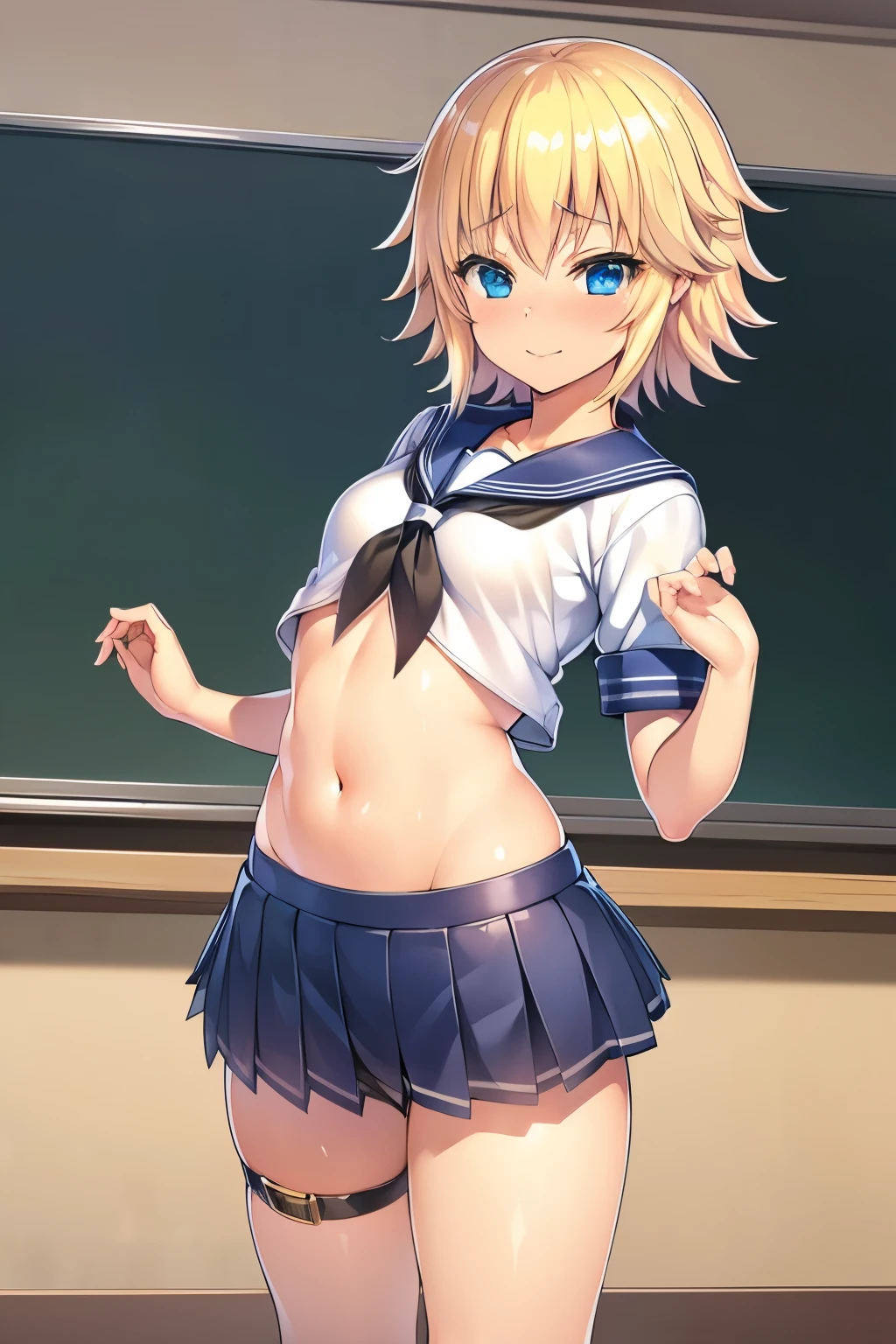 top-quality、realistic touch,high-detail、photoRealstic、thin-waist、captive beauty、big eye、solid platinum-blonde eyelashes、platinum-blonde、full body Esbian、Sparkling eyes、Submissive smile、Flushed cheeks、Kamimei、thin-waist、Voluptuous thighs、Enraptured look、In the classroom of the school、Navel look、She is in estrus、a sailor suit、cocky expression、Colossal tits、Super short skirt with V-line visible、Camera angle from below、Big breasts visible between uniform and stomach、Sleeveless、Squat with open legs、