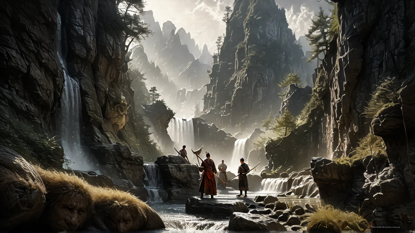(best quality,4k,8k,highres,masterpiece:1.2),ultra-detailed,(realistic,photorealistic,photo-realistic:1.37),Dragon Hunter Exploring the Mountains of China,dragon,adventurous,brave girl,ancient Chinese attire,exquisite detailed embroidery,swordfighting,dragon scales,ferocious dragons,towering rocky mountains,misty clouds,ancient temples,serpentine rivers,steep cliffs,pristine waterfalls,traditional Chinese architecture,peaceful harmony with nature,calm serenity amidst wilderness,subtle shades of green,soft sunlight filtering through trees,dappled forest floor,sharp rocky edges,ominous darkness contrasting with bright highlights,authentic Chinese ink wash style,subtle brush strokes,delicate washes,ethereal atmosphere,rich cultural heritage,lush vegetation,vibrant flora,majestic water bodies,hidden caves,treacherous paths,ancient artifacts,mystical energy,whispering winds,sense of mystery,solemnity in the air,adrenaline rush,heroic spirit,adventure-filled journey,building suspense,endless possibilities.