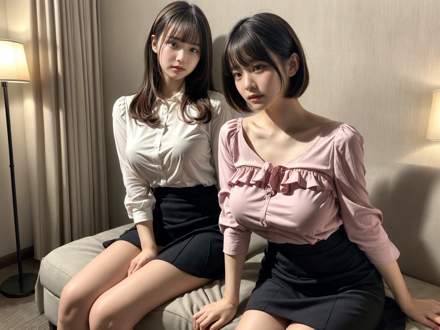 Highest quality、masterpiece、8K、Very detailed、Realistic、(50 years old)、(Wrinkles around the eyes:1.2)、(Wrinkles around the mouth:1.2)、(Looking at me with a mischievous smile)、whole body、(Big Breasts)、Thin and beautiful legs、Tight and slim waist、(Tight nurse uniform:1.1)、(Nurse cap)、Short Hair、(Erect nipples:1.1)、Sitting on the sofa with legs spread apart