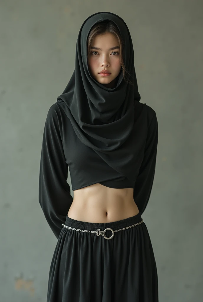 (lifelike, high - resolution:1.3),full body , 1 girl with a perfect body, Super fine face and eyes,slong hair, midriff of random colors:1.2, black shiny leggings,face veil, big boob,Expose cleavage