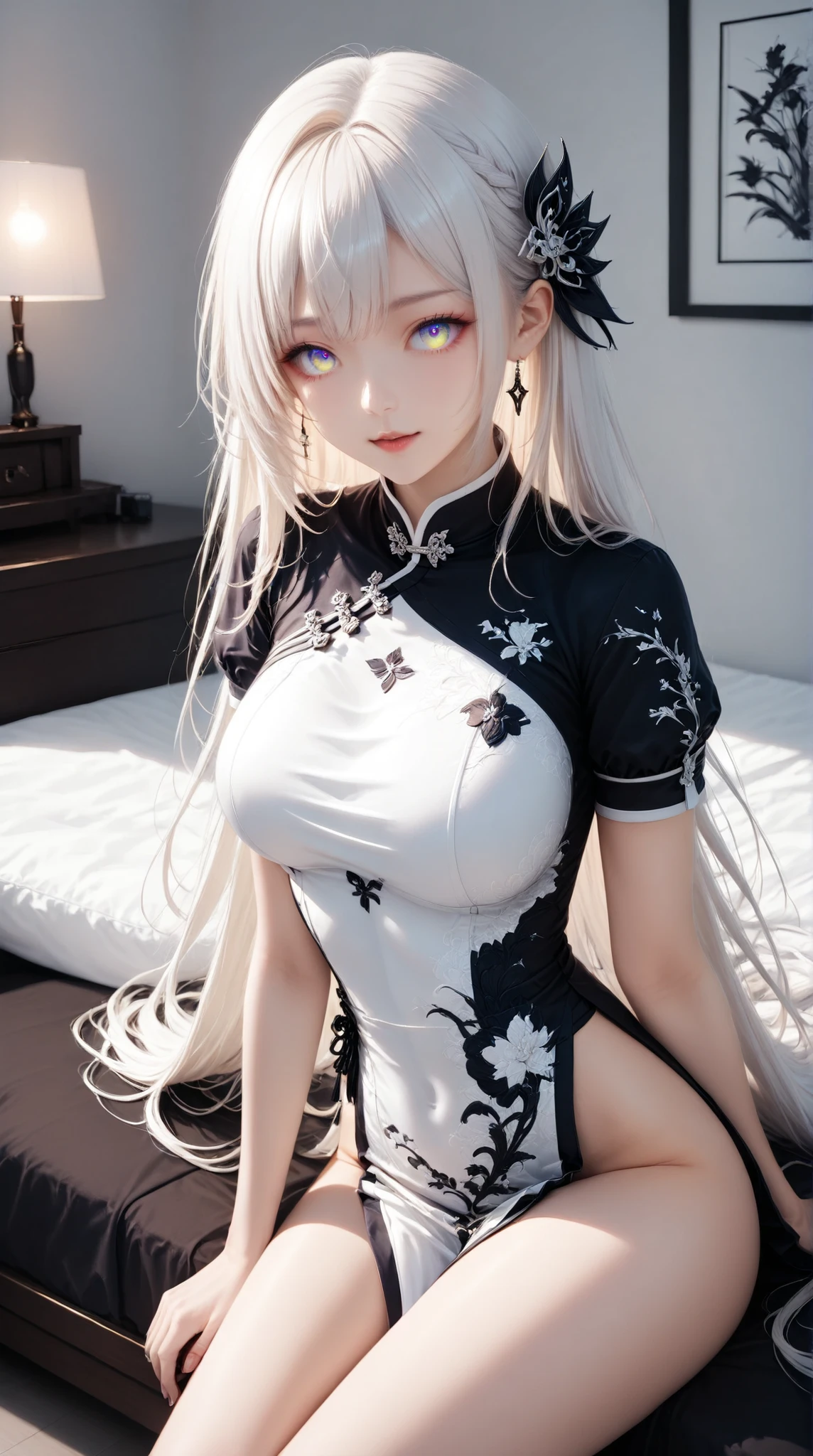 Short flowy haircut, cute medium side bangs, ((white hair)) Japanese cherry scenery background, (star sky), (golden hour) , ultra detailed, young Japanese woman, (wearing elegant bracelet) , ((wearing thick thigh strap)), beautiful face, ((wearing a long black classic sleeveless cheongsam dress with long slits and golden trim)), ((hair flowing beautifully in the wind)) , perfect smooth legs, smiling, (((contrast rich rim lighting from both sides))) , ((very short golden finger nail polish)), (pair of black high heeled mary janes stiletto shoes) , perfect eyes, firm large sized breast, ((crossed arms )), (thighs), thick calves, correct anatomy, tony taka art style, (cherry petals flying in the air by a soft breeze), (knees together pointing inwards),