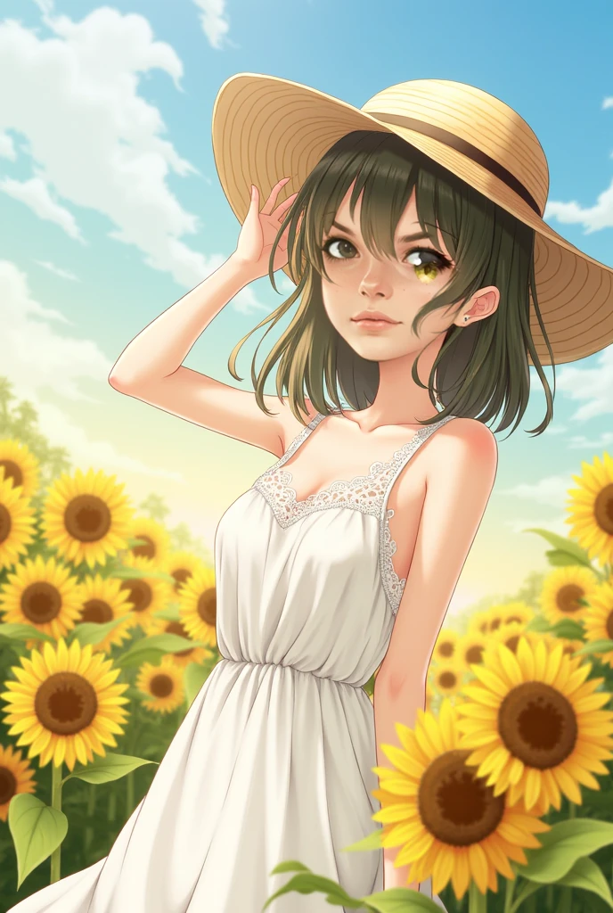 ((Girl in straw hat looking back in a field of sunflowers)), (backlight), (best illumination, best shadow, an extremely delicate and beautiful), Girl on the center axis of the picture, small breasts, ((Sunflowers with the ultimate in detail)), beautiful detailed sky, Perfect body, (beautiful detailed face), extremely delicate and beautiful girls, Sunflower fields at sunset, sunset, black hair, beautiful detailed cloud, (((extremely detailed CG unity 8k wallpaper, masterpiece, best quality, ultra-detailed))), dynamic angle, floating, finely detail, (bloom), (shine), glinting stars, feather,nature,(sunlight), fairyland, (((The character is in the center of the frame))),solo,blurry,depth_of_field