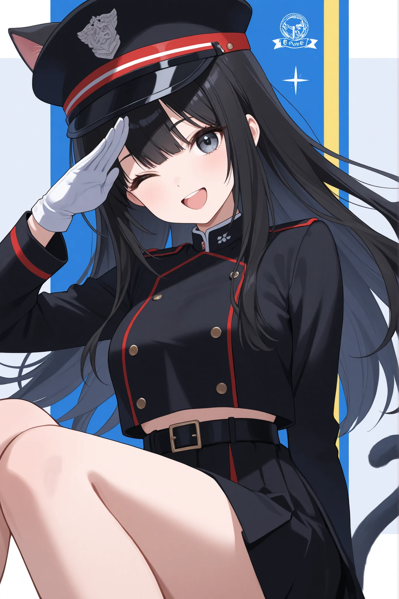 one girl、station、long black hair、black cat ears、Eyes wink、Black uniform、hat、salute、white gloves