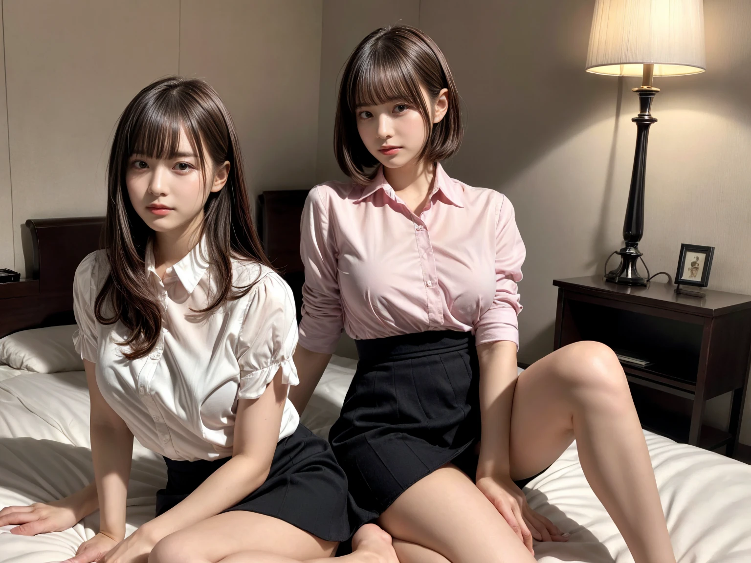 masterpiece, best quality, illustration, Super detailed, fine details, High resolution, 8K,wall paper, perfect dynamic composition,(Details High quality, realistic depiction of eyes:1.3), (2 girls), pink frilled shirt blouse, Black Frilled skirt, sitting, open legs, short bob hair, in a hotel room in the background, deep on field, large breasts, black hair color, Big Natural Color Lip, (perfect body shape), crying a little、Harajuku style、20 year old girl、cute type、beautiful legs, Gravure Idol