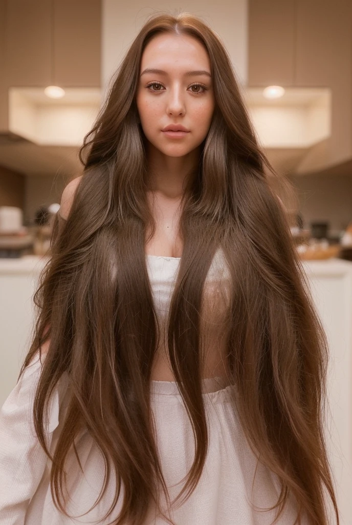 ((Naked)),cute Japanese girl , hairclawstyle, tying hair, hairclaw, very longhair, length knee hair, longhair till floor,on kitchen