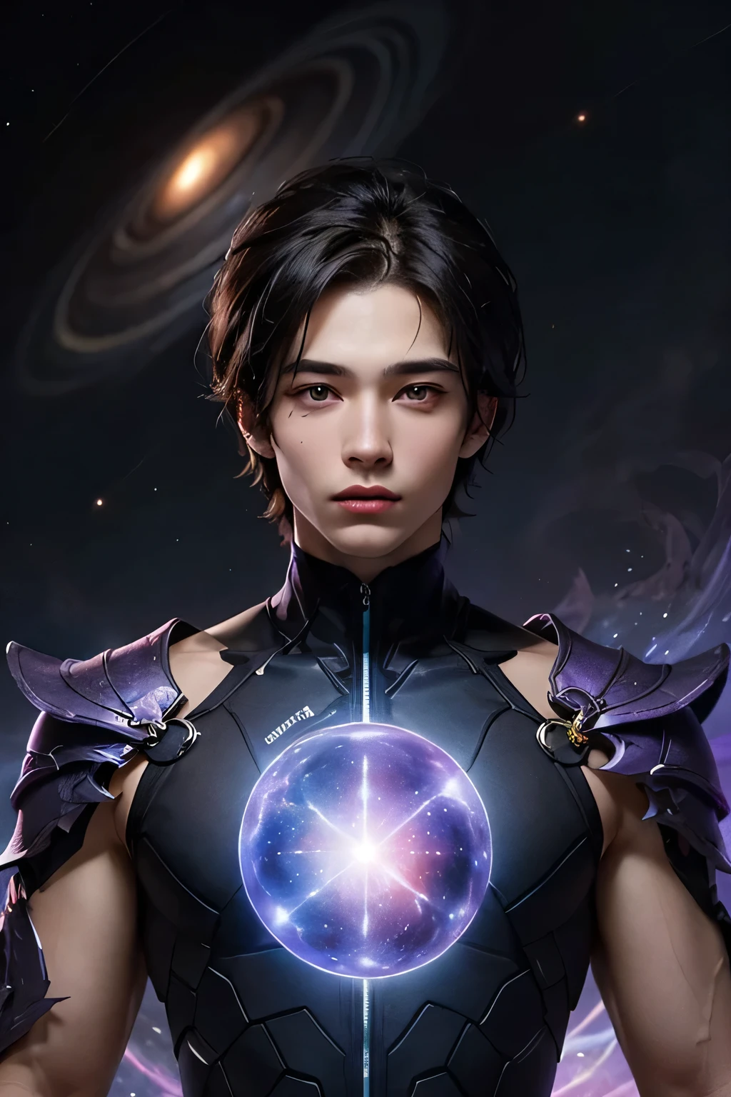 A  dark-skinned young man, short dark hair, dark eyes, your eyes become ultraviolet and you are surrounded by a violet aura when it reaches your cosmic form, musculoso, indifferent to girls, a very handsome boy, Calm and charming, in your cosmic form 