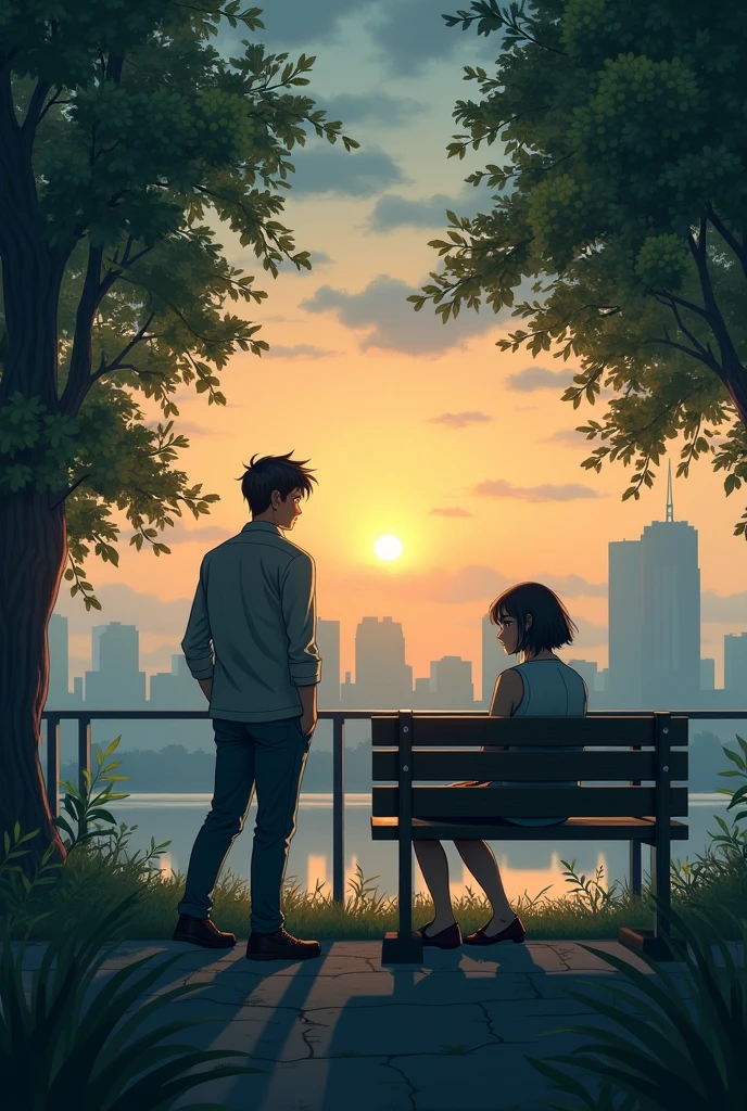 a man standing and looking away in the corner of the city park there is a young woman sitting on a city park bench at sunset against the background of the city building