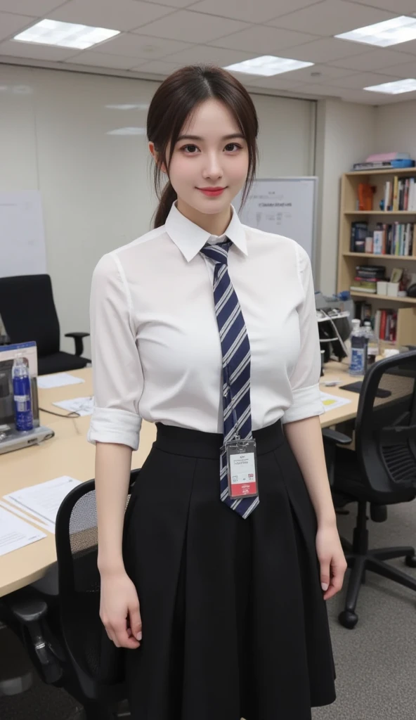 Highest quality, shape, Very detailed, finely, High resolution, 8k wallpaper, 完璧なダイナミックな構shape, Beautiful and exquisite, Natural Lip, whole body, front,Large Breasts、University classroom、Pleated skirt、(((Looking into the camera)))、Brown Hair、((Shoulder bag)),Business shirts、Thighs
