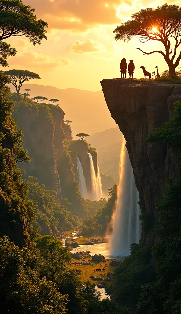 A lush African jungle with waterfalls, dense trees, golden sunlight beaming through the canopy. In the distance, Scar and Mufasa stand proudly side by side atop a high rock ledge, overlooking the peaceful land. Animals like zebras, giraffes, and elephants roam below. Cinematic lighting, epic perspective, ultra-HD.