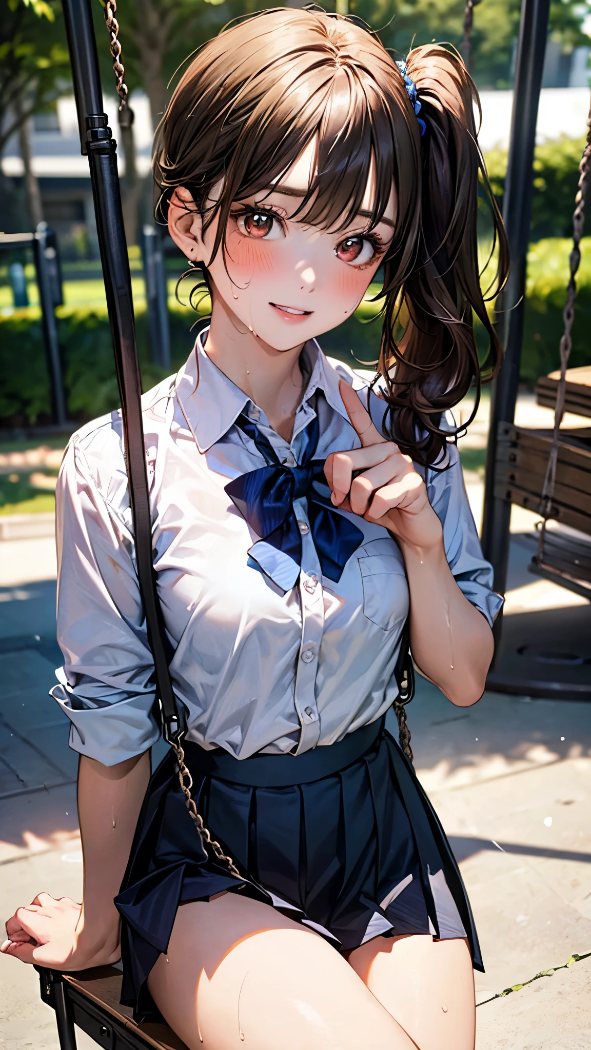 (masterpiece:1.2, top-quality), (realistic, photorealistic:1.4), beautiful illustration, (natural side lighting, movie lighting), 
looking at viewer, cowboy shot, front view:0.6, 1 girl, japanese, high school girl, perfect face, cute and symmetrical face, shiny skin, 
(long hair:1.8, straight hair:1.7, light brown hair), parted bangs, emerald green eyes, long eye lasher, (large breasts:0.9, thick thighs), 
beautiful hair, beautiful face, beautiful detailed eyes, beautiful clavicle, beautiful body, beautiful chest, beautiful thigh, beautiful legs, beautiful fingers, 
((, white collared shirts, black pleated mini skirt, black socks, brown loafers, red bow tie)), break, hoop ring earrings, pink panties, dark blue school bag, violet cardigan, break,
(beautiful scenery), evening, riverside, walking, hands on chest, (lovely smile, upper eyes), A masterpiece, top quality, highest definition, 32K, one big dog, one beautiful woman. 
shirt, mini tight skirt. On all fours in a grassy field, a dog hugs the woman's back.
Woman's face, bright red, flushed,

