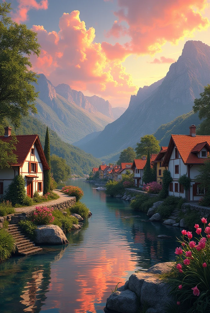 a small village by the river, mountains in the background, floral flowers colorful, detailed landscape, Beautiful natural landscapes, atmospheric lighting, scorching sunset, warm colours, practical, photopractical, Detailed Foliage, complex buildings, cobblestone street, Charming country house, swirly vibrant colors, lush vegetation, Still water reflections, Picturesque, idyllic, work of art, best qualityer, 8k, extremely detaild,anime styling