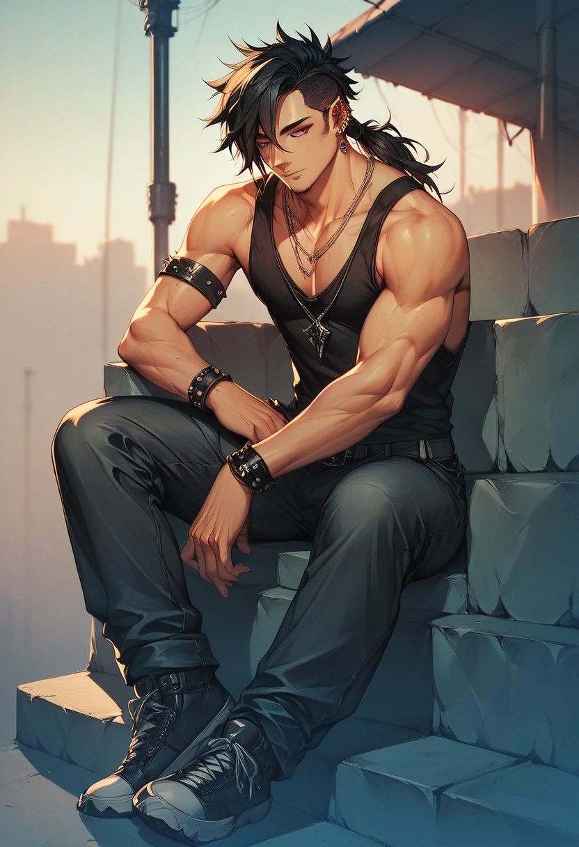  male ,black wolf cut shoulder-length black hair with maroon highlihts, tattoo's, punk, piercings, music-stage, musician, beautiful image, serene. masculine, musuclar, full body, tanktop.