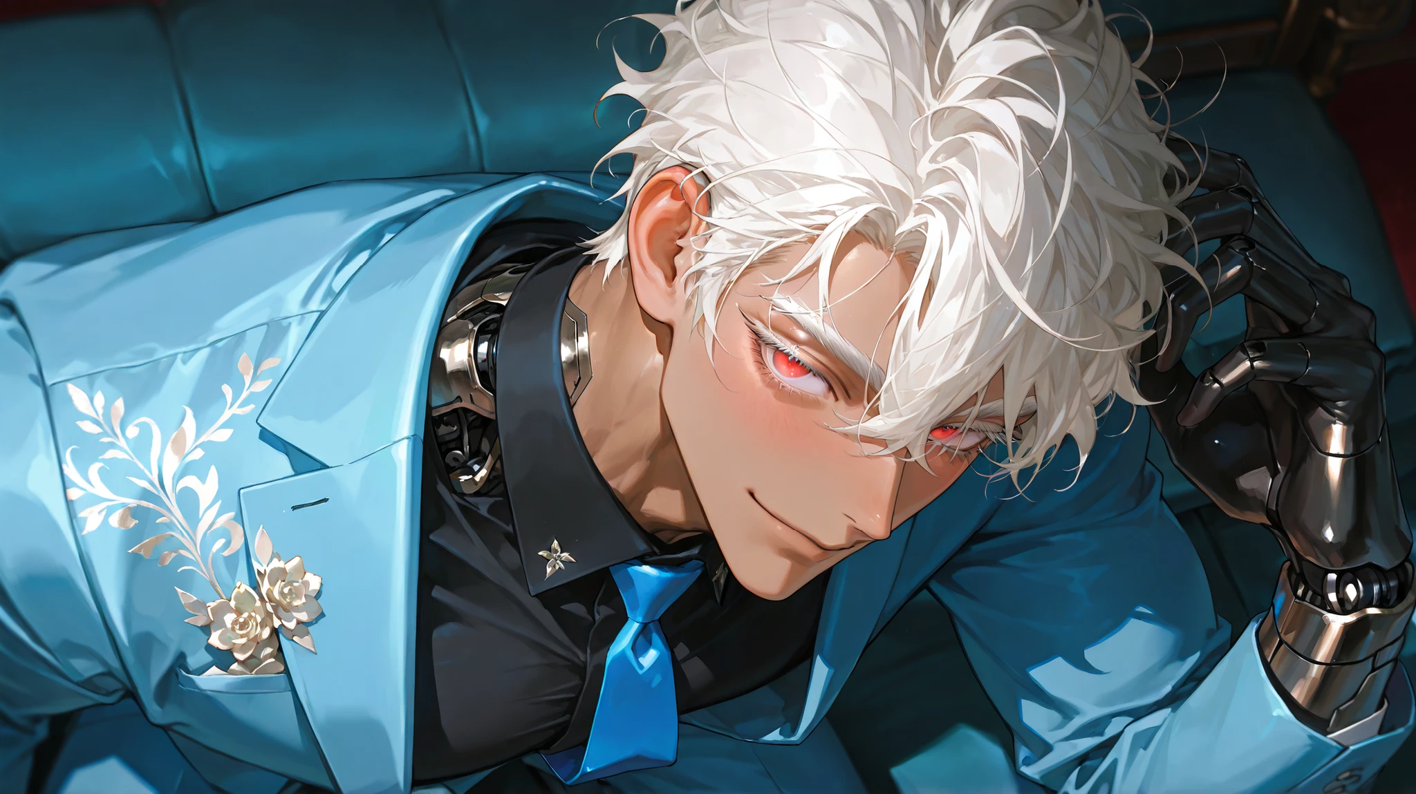 8k, 아름다운 Perfect Eyes,semi-realism art, semi-realism art style, masterpiece, top quality, amazing quality, Exquisite Details, very detailed, masterpiece, ( brown skin, brown skin, black skin,40 year old male , handsome, Messy Hair,hair between eyes, thick eyebrows, white blond eyebrow, white blond hair,shaved nape hair,short hair,1 man, handsome man, Thick painted, red eyes, mature, mature man,alone,looking at viewers, brown skin, toned skin, black skin, dynamic angle, Close, toned, wavy hair, Android, robotic arms, black robotic parts, black arms, long eyelashes, white eyelashes, tall man, mature man, muscular, large body, small head ), elegant blue suit, black shirt, blue tie, elegant lounge, flowers, smile, blushing, looking at the viewer, pervert, light blue cloth, kneeling, from above,