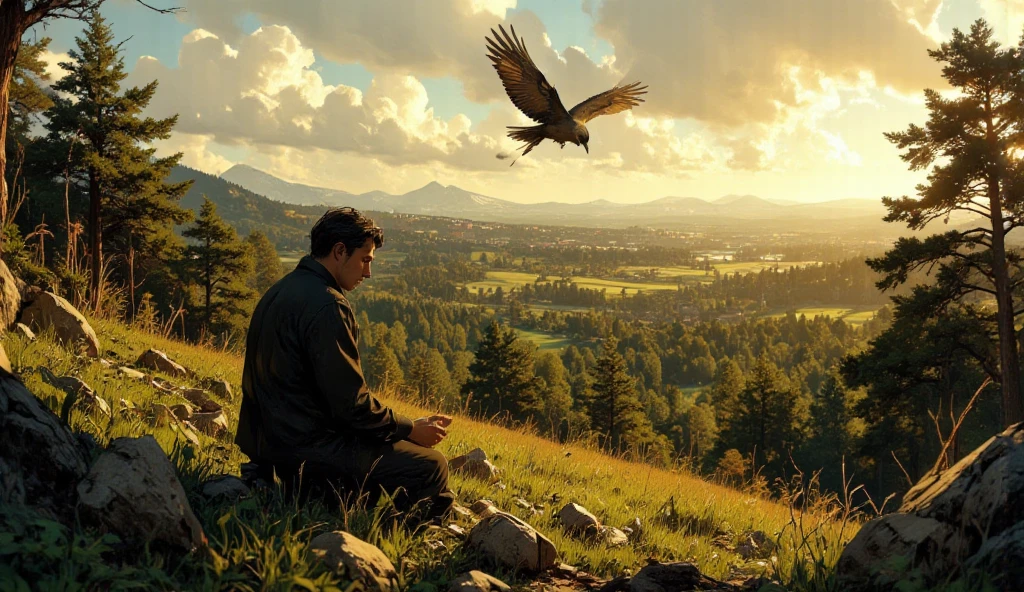(obra-prima,  great quality, ultra-detailed, obra-prima, kneeling, film grain, ultra-detailed, Videografia, ultra-real, concept art, tema escuro) a bird flying in a rural landscape. There are no people in the image