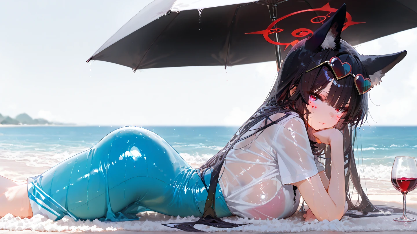 (Masterpiece), ((best quality)), 1girl, (laying down), (dress), corset, black hair, (high pigtails), long hair, cat ears, pink eyes, smirk, ((big breasts)), ((wide hips)), sunset, beach