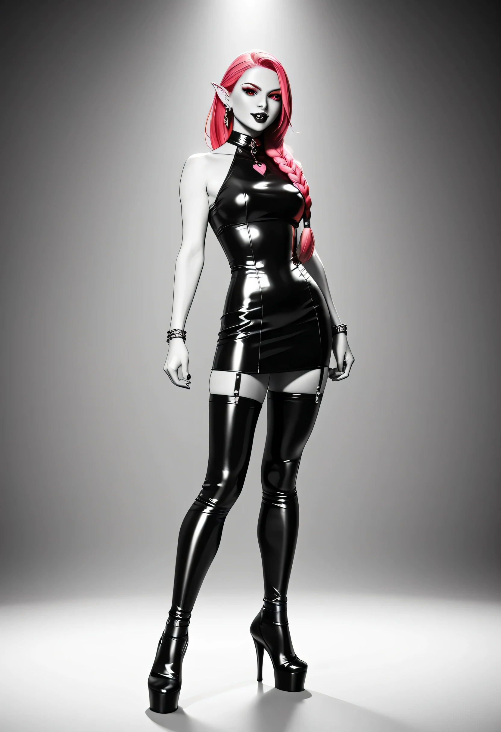 score_9, score_8_up, score_7_up, (masterpiece , UHD , 8K , 16K , ultra detailed) goth black and white anime full body portrait (only colors pink and black, pink: 1.4), a picture of a olo goth elf dominatrix queen , best detailed face, small elf ears, long braided hair, hair pulled back, red eyes, small pointed ears wearing latex (pink mini dress: 1.3), stockings, high heels, dynamic background, (black and white art: 1.5) mostly black and white, best details, best quality, 16k, masterpiece, best quality, (extremely detailed), ultra wide shot, photorealism, (only colors red and black), vampyfangs1, fantasy, Cinematic Shot