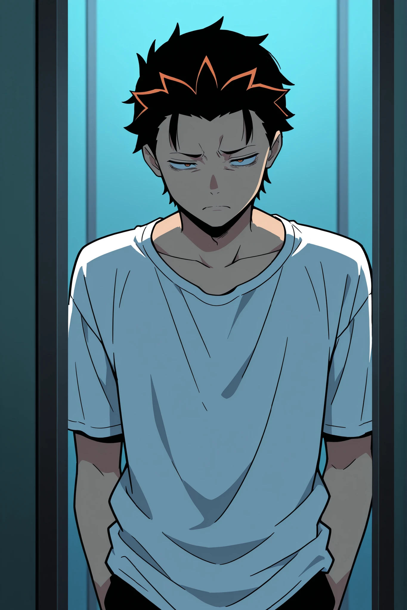 Natsuki Subaru anime, Greed, depressed face, in a shirt, dynamic pose