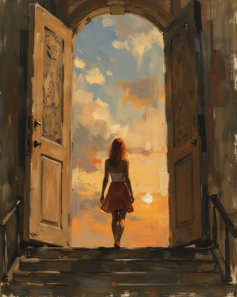 Una ragazza (Full-body)Tattooed European with red and orange hair, It goes up an ancient staircase and is in front of the immense doors of paradise, angelic perception, immensity of the sky, hyper detailed, epico, Colors of the sunset, clouds struck by divine light
