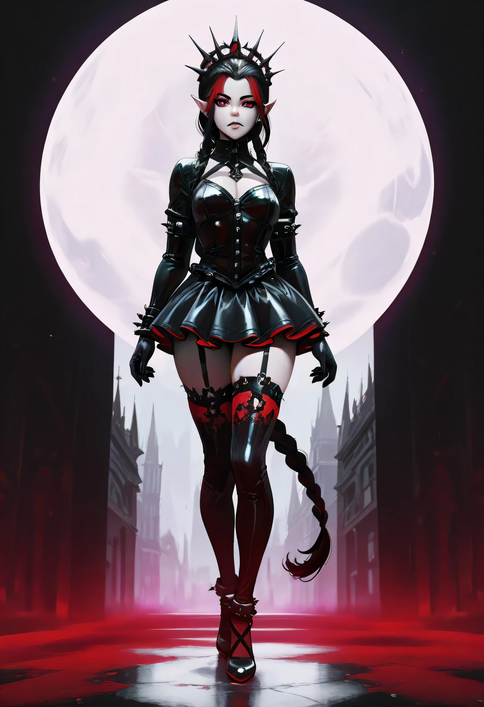score_9, score_8_up, score_7_up, (masterpiece , UHD , 8K , 16K , ultra detailed) goth black and white anime full body portrait (only colors red and black, pink: 1.4), a picture of a olo goth elf dominatrix queen , best detailed face, small elf ears, long braided hair, hair pulled back, red eyes, small pointed ears wearing latex pink mini dress, stockings, high heels, modern bedroom background, (black and white art: 1.5) mostly black and white, best details, best quality, 16k, masterpiece, best quality, (extremely detailed), ultra wide shot, photorealism, (only colors red and black), vampyfangs1, fantasy, Cinematic Shot, d4f4b