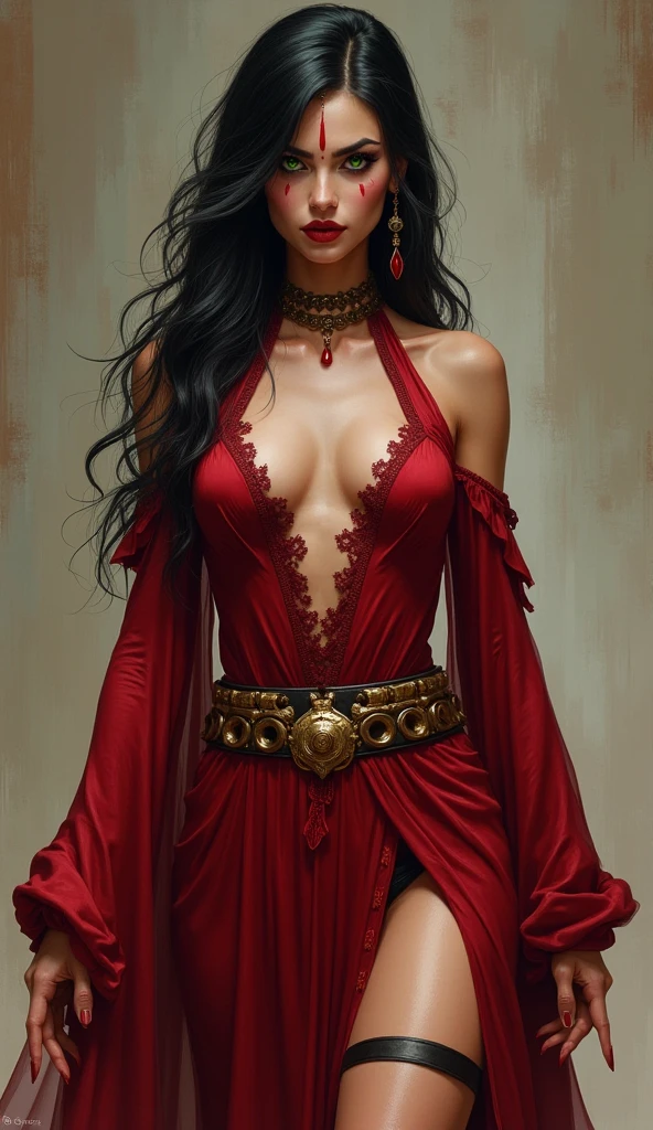 Middle Eastern, Persian. concept art , digital painting
- Her face is striking and symmetrical, with high cheekbones and flawless skin. She has an **aura of seduction and danger**.
- Her **eyes glow a vivid emerald green**, luminous and intense—otherworldly and enchanting.
- The **eyeliner and dark lashes** frame her eyes with dramatic intensity, enhancing her mystique.
- She has deep crimson lipstick that mirrors the color of her outfit, reinforcing her aura of seduction and power.
- There is a small red bindi or mark on the forehead.
- Her **hair is raven-black**, long and flowing, styled to cascade naturally over one shoulder, giving her a wild, untamed elegance.
- She wears a revealing **deep red gown** with slits on both sides running all the way up her thighs, allowing for both **freedom of movement and allure**.
- The dress plunges in the front, exposing much of her chest, but the look is **stylized rather than gratuitous**—designed to stun and distract.
- The sleeves are detached, extending from her arms in long, flowing fabric, adding to her **regal and mystical** appearance.  
- The neckline is held together with thin black lacing, almost spiderweb-like, adding a gothic touch.
- A **decorative golden belt** of circular medallions wraps around her waist, emphasizing her hourglass shape and adding a regal flair.
- Her body is athletic yet curvy—sculpted like a dancer or assassin.
  - Strong arms, firm stance, toned legs—she’s both graceful and capable.
- She wears a single **golden thigh strap** on her right leg—possibly decorative, or symbolic (or maybe even enchanted).