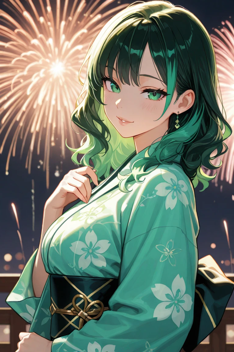 (Highest quality,4K,8k,High resolution,masterpiece:1.2),Very detailed,32-year-old woman、(((Mature Woman))), (((Mature Woman))), solo, from the front、Large Breasts, Cleavage、Beautiful Eyes、Orange Hair、Moss green eyes、Red lips, ((ponytail)), (Drill Hair), ((forehead)), Very cute face, Glossy Lips, Double eyelids on both eyes,Natural smile、Tight waist、Sexy ass、Natural Makeup, Long eyelashes, Shiny and smooth hair、Japanese yukata costume、Flower Hair Ornaments、night、Fireworks display、Colorful fireworks、cowboy shot, Shallow depth of field