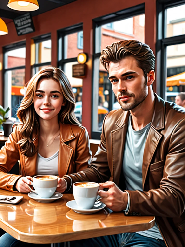  Create a realistic illustration , 2D,Very detailed of 
Two handsome men and a young woman sitting in a coffee shop