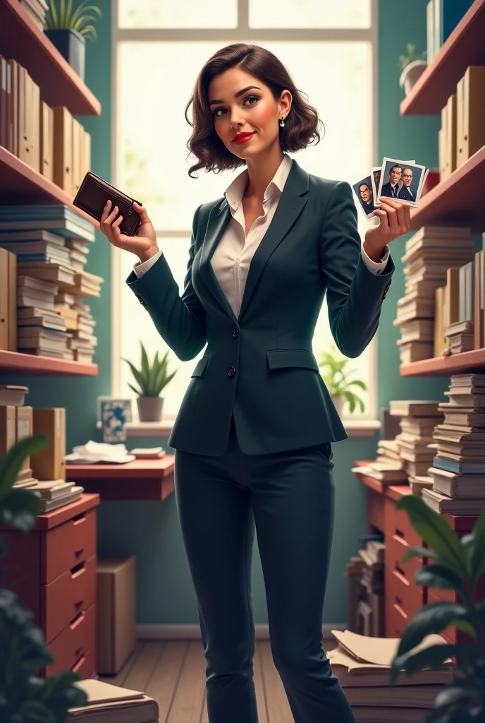 The design of a confident person standing over a collection of files and papers and holding a wallet in one hand and another hand holding three cards with pictures of people and unclear names  