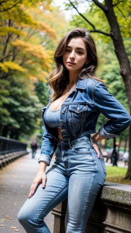 Retro, beautiful female model, Glamorous body, Plump body, The long-haired, curlyhair, a blond, slick skin, blue eyess, smil, seducting smile, Fancy makeup, red-lips, heavy eye makeup, ((Model style sexy denim coordination)), Knitted sandals, realist, plein air, super realistic 8K, super detailed and realistic, Posture sculpture, Big ass, Walk in the park, Walk through the gardens, Hair that flutters in the wind