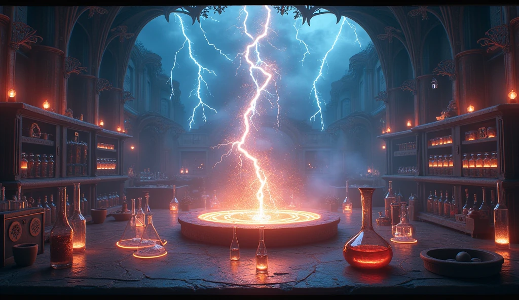 alchemical lab during magical storm, lightning reflected in crystal beakers, energy swirling around central elemental altar, unstable but powerful energy field, glowing runes pulsing