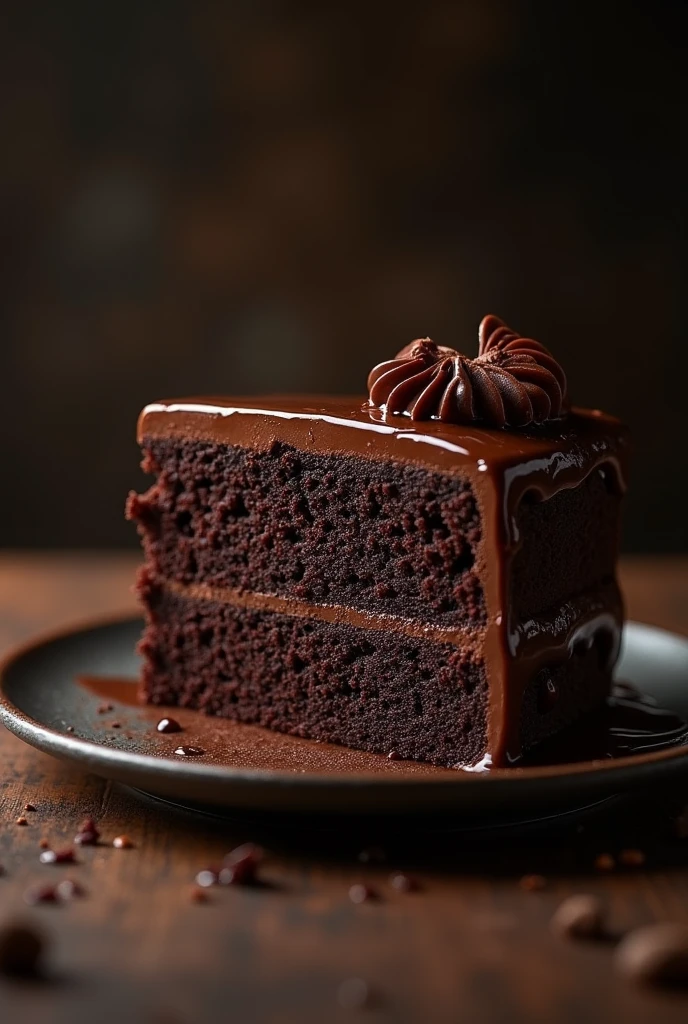 Chocolate cinematic movie scene, bolo de chocolate, darkness background, quality photo, Wet texture, penthouse, studio photo, slice. shallow depth of field, vignettes, highly detailed, high budget, bokeh, cinemascope, temperamental, epic, comely, film grain, grainy.