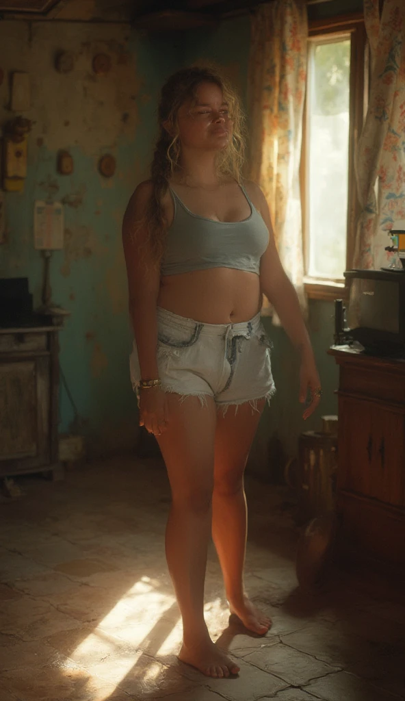 Fat Russian girl with a beautiful face .squats with bare legs feet in a puddle in a dirty alley