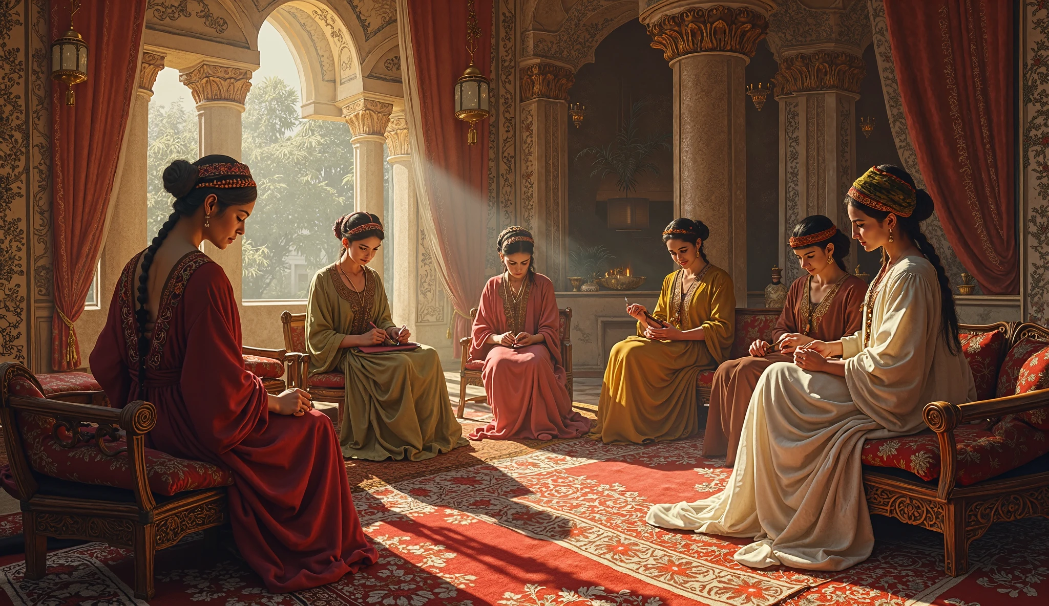 Ancient Persia Evening with court ladies
Women in a circle embroider, discuss events. Room interior — carpets, fixtures, carved wooden furniture.