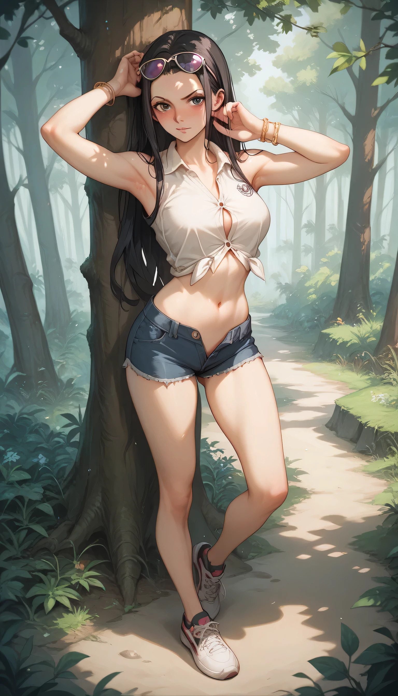 masterpiece, best_quality, 1girl, solo, tube top, denim shorts, auburn hair, rotund body, in a jungle