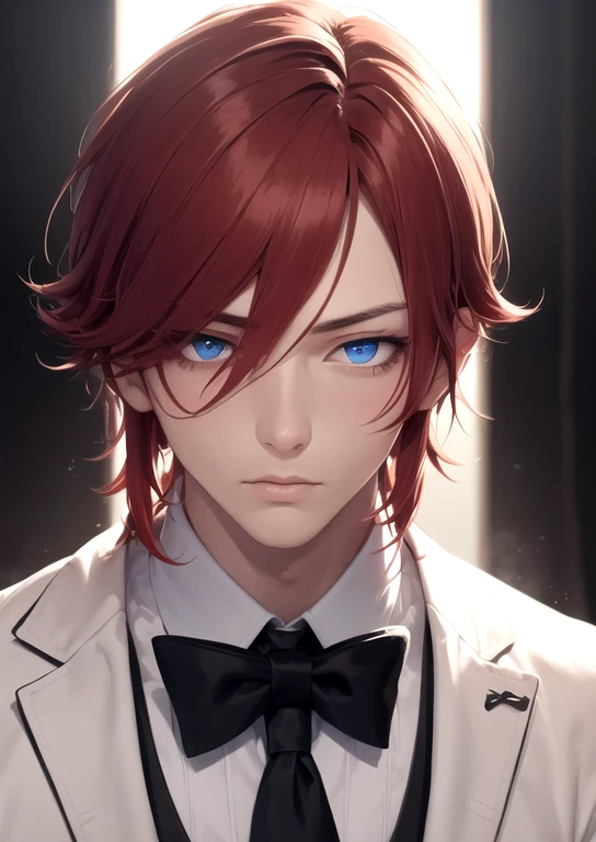 masterpiece, 1 man , very handsome, medium length hair, red hair, colored eyelashes, backlighting, single eyelids, blue eyes, cold eyes, butler outfit, looking down at viewer