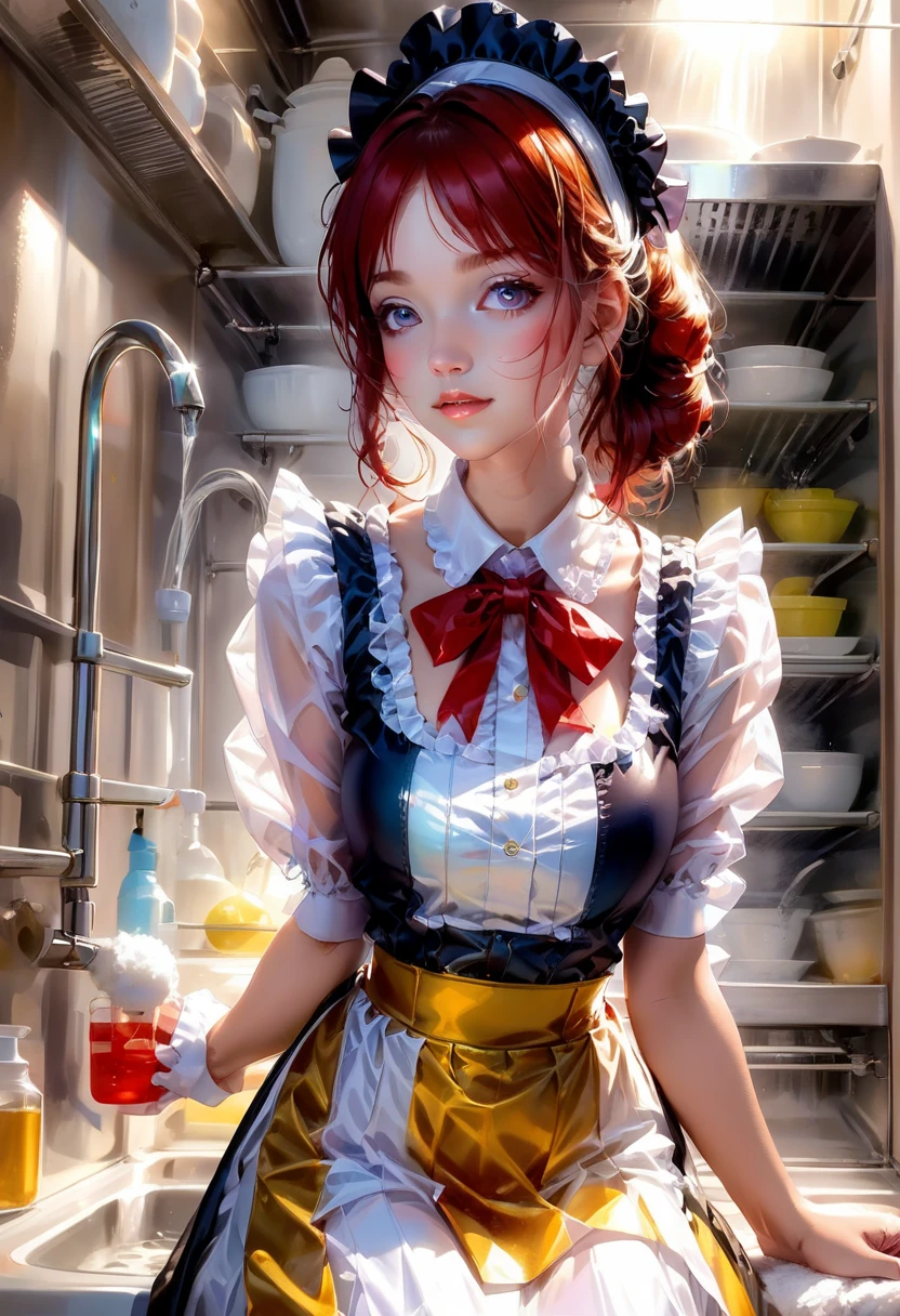 maid costume, Beautiful French maid in white latex uniform washing her own clothes, pretty face , very thin translucent top, top muy Delicate, It shines through , It shines through  el delantal, It shines through  el felantal rosacaracterísticas bonitas, Nice pose, Delicate, innocent, pretty kitchen, rose, luz, detailed,  acrylic , watercolor, Royo, Ahegao face 1.2, tight muscles in the abdomen