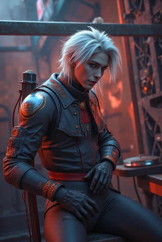 3d character as villain male 22 year old with white stylist spike short hair and white tone skin with snake eyes