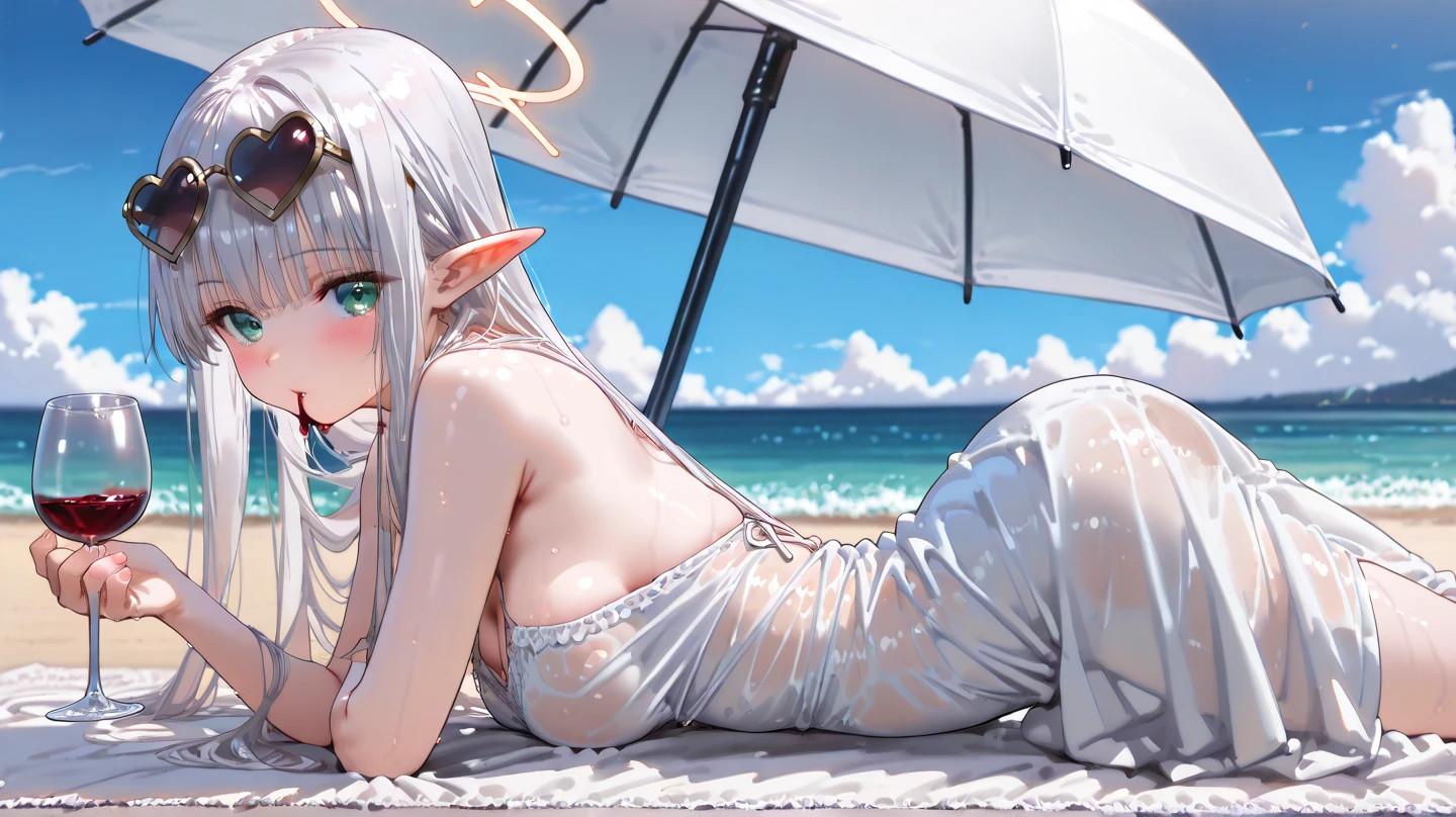 (best quality),((masterpiece)),(highres),original,extremely detailed wallpapaer,(an extremely delicate and beautiful),1girl,oil painting,beautiful mature female,silver hair,long hair,elf,red eyes,beautiful long eyelash,looking at viewer,sexually suggestive,(high detail face),(high detail eyes),huge breasts,navel,groin,narrow waist,bare legs,shiny skin,wet,detailed skin,beach,light rays,shiny hair,steaming body, (string bikini