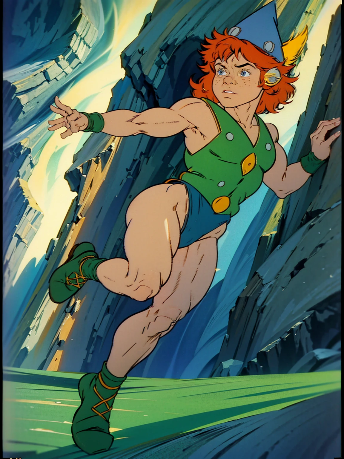 a redhead cartoon character dressed in a green leotard, very muscular, a young male wizard, 1980s cartoon, animated episode still, Presto (((mad)))