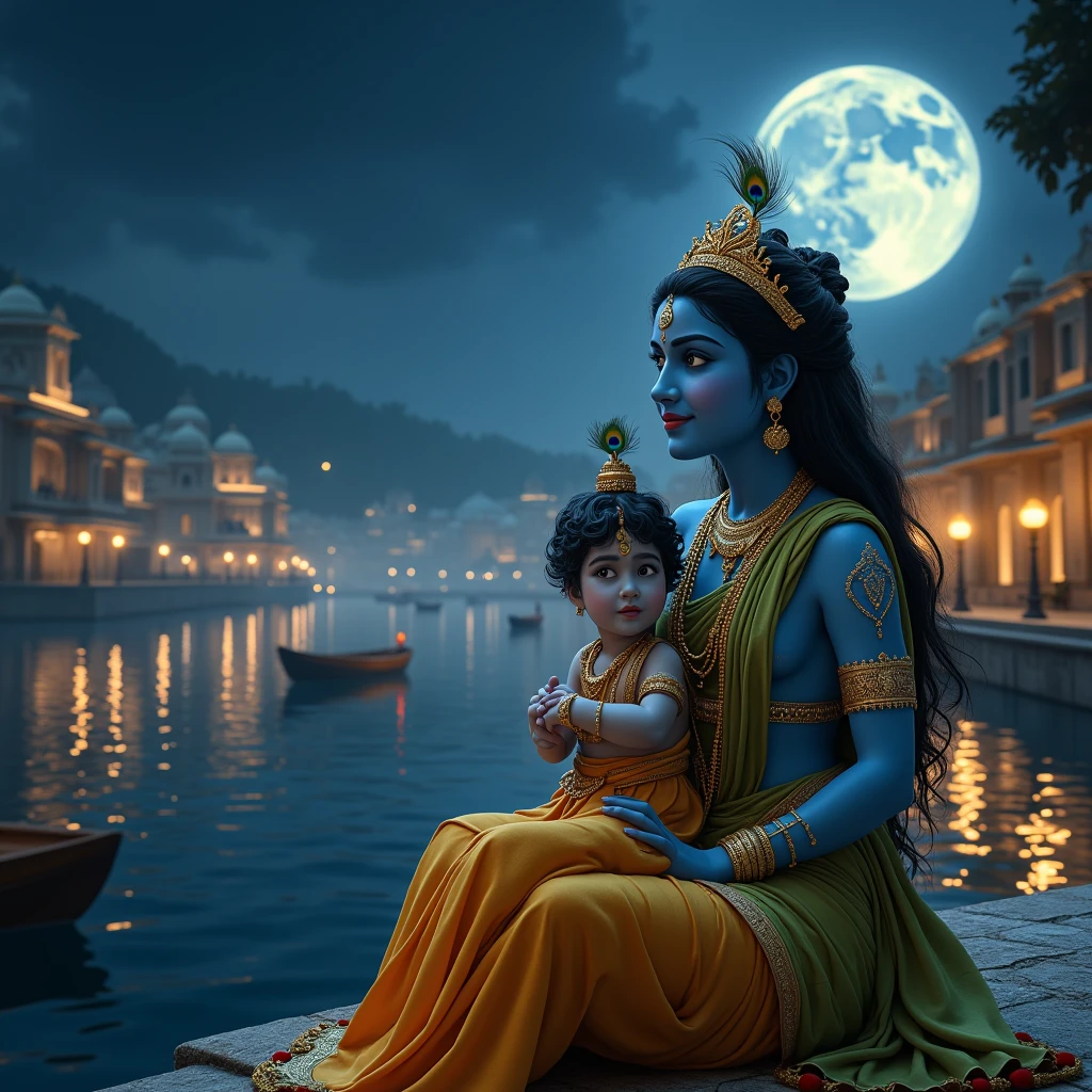 Create a hyper-realistic scene inspired by Hindu mythology, featuring a divine   Krishna with luminous, vibrant blue skin. He sits joyfully astride the shoulders of his mother, Yashoda — a stunningly beautiful 28-year-old woman with rich, dark, wavy hair cascading down her back. Her expression is serene and lovingly maternal. She is dressed in a detailed, vibrant lime-green silk sari with intricate gold embroidery, complemented by warm, ornate golden jewelry that catches the soft ambient light. Krishna is adorned in a warm orange-peach dhoti with delicate fabric textures, wearing a small, ornate golden crown accented with brilliant jewels and a signature peacock feather. His playful, expressive eyes and chubby cheeks add to his irresistible charm.
The background is a breathtaking, hyper-realistic night-time cityscape, softly illuminated by glowing lamps and lanterns reflecting off a calm, glistening river. Elegant buildings with domed roofs and gently lit windows line the riverbanks, rendered with realistic architectural detail. Several small wooden boats float peacefully along the river, some carrying soft glowing lights, evoking a sense of spiritual tranquility and gentle activity. Overhead, a large, luminous full moon bathes the scene in an ethereal silver-blue glow, casting soft highlights and shadows across the figures and environment. The entire composition is rich in fine detail, texture, and vibrant color — capturing the divine warmth, serenity, and sacred essence of Indian mythology with cinematic, photorealistic quality.