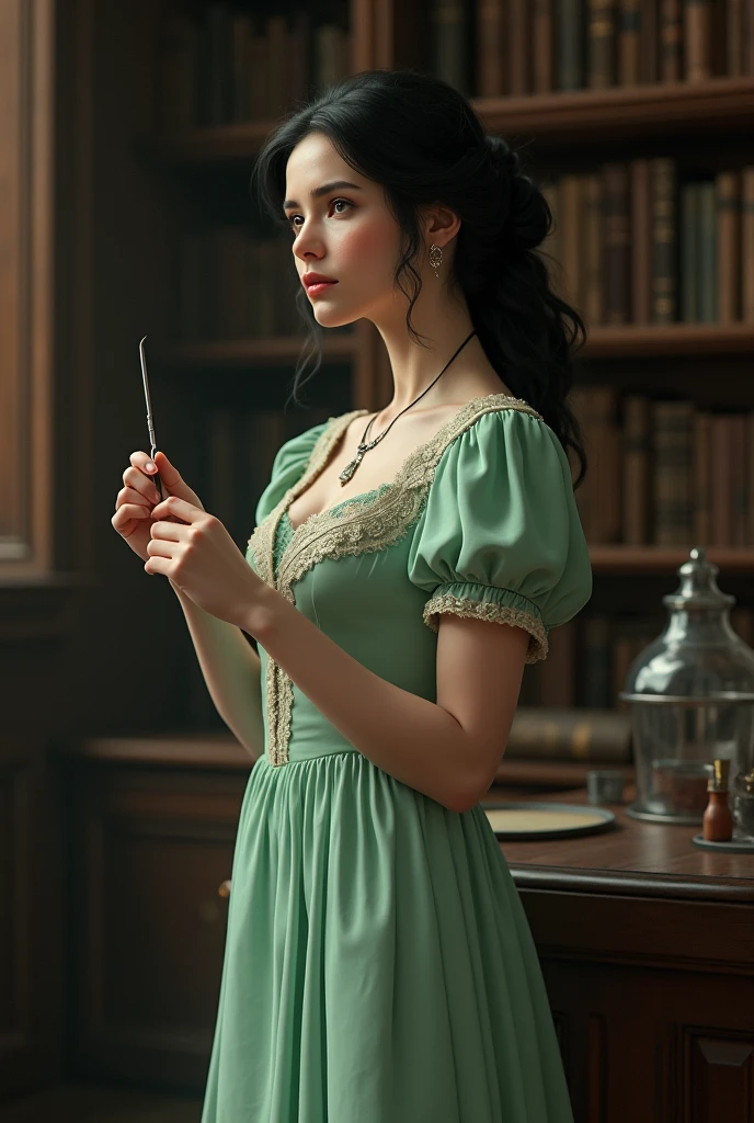Young victorian woman with black hair and a light victorian green dress. she holds a small scalpel. She is british.