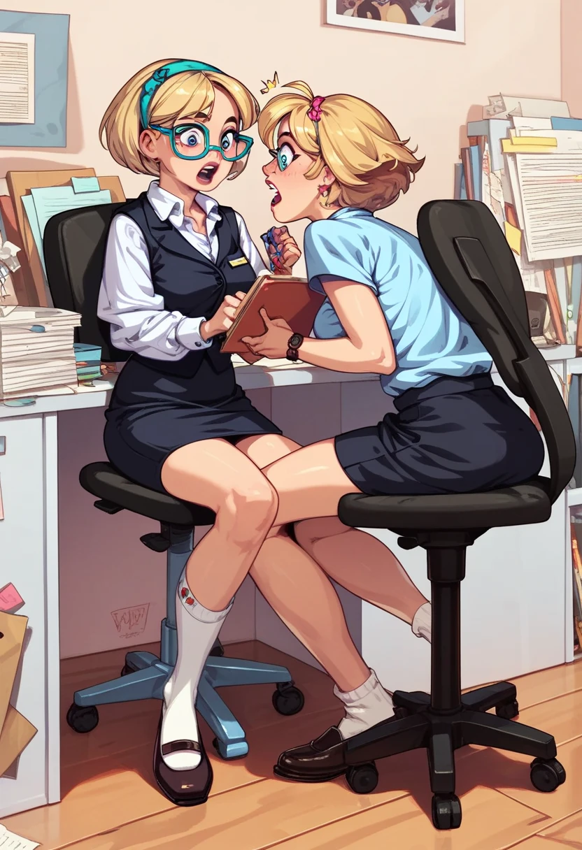 score_9, score_8_up, score_7_up, score_6_up, rating_explicit, sequence, comic, 8-panel, source_comic, 2girls, perfect breasts, short hair Gwen Stacy, wearing (tight skirt:1.5), (tight blouse:1.5), (modern office:1.6), blush, flirting with female brunette intern, standing, leaning, sexy smile, messy hair, beautiful eyes, highly detailed eyes, glistening skin, hentai, anime.