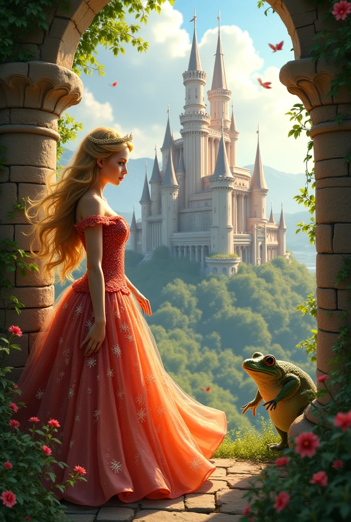 Create me an image of a princess in her castle and a toad outside the castle