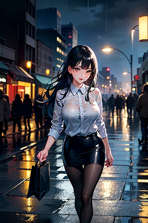 ((Best quality)),((masterpiece)),((detailed,(ultra-highresolution),(Highly detailed),(Vivid colors),1girls,Office lady,独奏,Beautiful detailed eyes,Medium breasts,Light blush, Black hair, Long hair, (Moles under eyes:0.8), nose blush,look viewer,Suits,White shirt,striped miniskirt, (lace black pantyhose:1.2), black heels,large legs,opened legs,Sitting,street,shop border,akihabara,TOKYOcty,massive trees,Rain,overcast weather,Beautifully detailed background,Depth of field,Ambient light, (movie composition:1.3),Neon lights,hdr,Accent lighting,