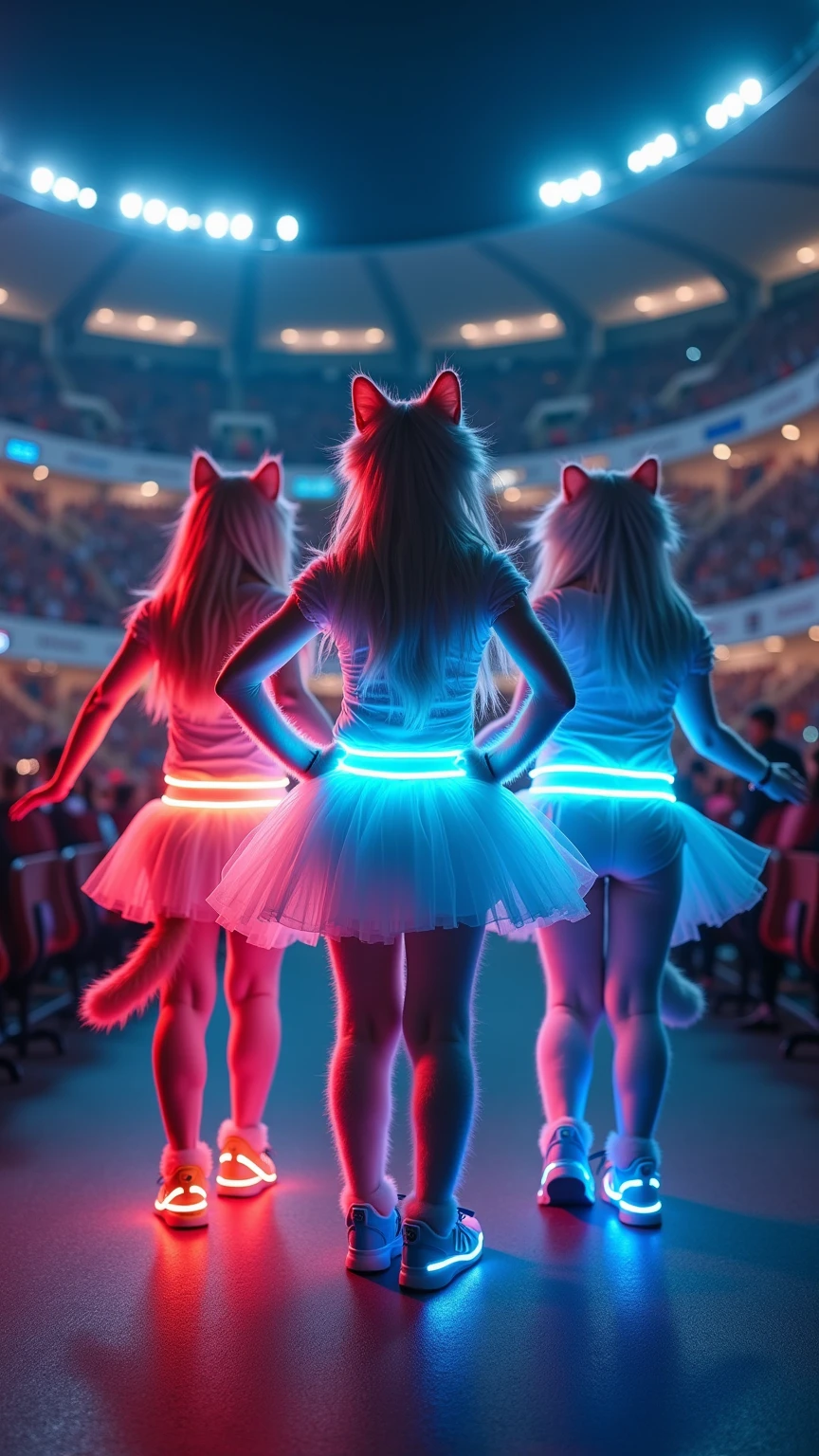 Sexy cheerleaders at a futuristic camp, with high-tech uniforms and neon lights, set against a sci-fi backdrop. perfect face, perfect hands, Photo Realistic, 8k, vibrant colors