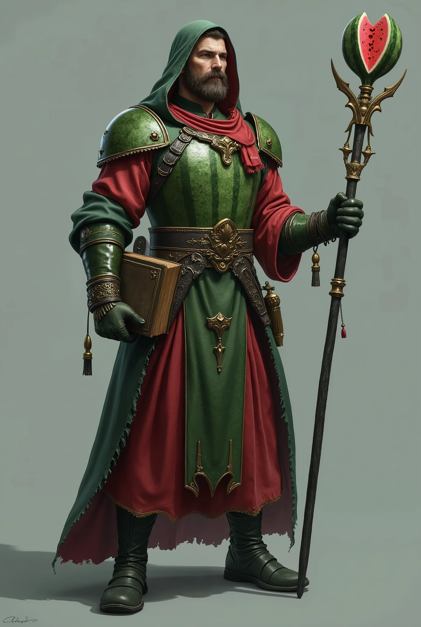 as an example What to do: Create a human game character, Human anatomy and proportions must be respected. BOOK in the left hand: There are two options: Holds physically — the book is in the palm of your hand or is captured by your fingers, like an ordinary magician holds a tome. 2. STAFF in the right hand: Make it a full-fledged magic staff. Style: watermelon theme! Armor, armor and all clothing must be in watermelon style Form: long, a powerful staff with ornaments, like a watermelon artifact.