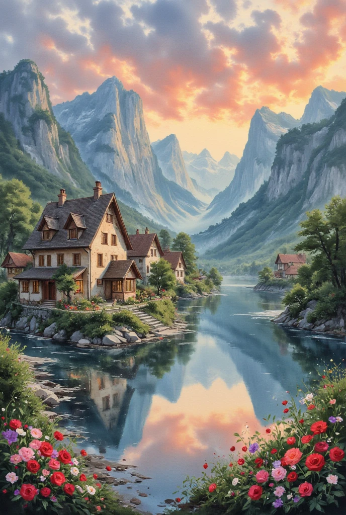 a small village by the river, mountains in the background, floral flowers colorful, detailed landscape, Beautiful natural landscapes, atmospheric lighting, scorching sunset, warm colours, practical, photopractical, Detailed Foliage, complex buildings, cobblestone street, Charming country house, swirly vibrant colors, lush vegetation, Still water reflections, Picturesque, idyllic, work of art, best qualityer, 8k, extremely detaild,anime styling